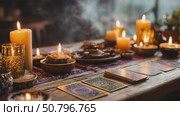 Mystical tarot reading session in a cozy candlelit setting with enchanting decor. Стоковое AI-видео, аниматор Ekaterina Ismagilova / Фотобанк Лори