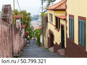 Funchal old town, narrow street view with residential houses standing in line (2017 год). Стоковое фото, фотограф EugeneSergeev / Фотобанк Лори