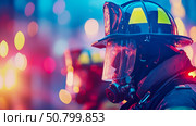 Courage in Crisis: A firefighter prepared to confront danger, a symbol of bravery and resilience in service to the community. Стоковое AI-изображение, AI-художник Данила Большаков / Фотобанк Лори
