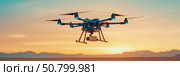 Aerial Surveillance: A multirotor craft flying over a landscape, showcasing the future of technology. Стоковое AI-изображение, AI-художник Данила Большаков / Фотобанк Лори