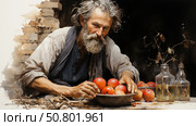 An atmospheric artistic portrait of an elderly man with gray hair and beard, depicted in a rustic setting. He sits at a rough wooden table, carefully sorting through red apples in a wooden bowl. In the background is a brick wall and a dark interior, creating a feeling of coziness and deep silence. On the table are glass bottles with tinctures and dry branches, giving the composition a touch of simplicity, rusticity and philosophical reflection on life and time. The image is made in the style of digital painting with watercolor effects. Стоковое AI-изображение, AI-художник Анна Кривицкая / Фотобанк Лори