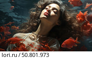 An emotional digital portrait of a woman with long wavy hair, depicted underwater among red fish. Her face expresses calm and detachment, her eyes are closed, her lips are slightly parted. Her hair and transparent fabric of her clothes flow in the water, creating a feeling of weightlessness and sleep. Fish surround her, giving the scene a fairytale quality, symbolism and aesthetic expressiveness. The image is made in the style of photorealism with an artistic twist, ideal for introspection, underwater beauty, fashion and fine art. Стоковое AI-изображение, AI-художник Анна Кривицкая / Фотобанк Лори