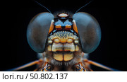 Detailed close-up of a vibrant dragonfly showcasing intricate eye. Стоковое AI-изображение, AI-художник Михаил Коханчиков / Фотобанк Лори