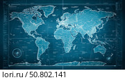 World map with detailed geographic features and grid layout displayed on a vibrant blue background. Стоковое AI-изображение, AI-художник Михаил Коханчиков / Фотобанк Лори