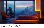 Modern bedroom interior with large window displaying scenic snow mountain view. Стоковое AI-изображение, AI-художник Михаил Коханчиков / Фотобанк Лори