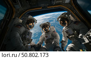 Astronauts looking at Earth planet from a space station during a mission in low Earth orbit. Стоковое AI-изображение, AI-художник Михаил Коханчиков / Фотобанк Лори