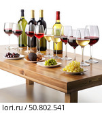 Wine Tasting Table Set Up on White Background. Generative AI. Стоковое AI-изображение, AI-художник Roman Zavorotny / Фотобанк Лори