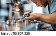 Skilled technician measures precision components in a modern workshop during the day. Стоковое AI-изображение, AI-художник Сергей Толмачёв / Фотобанк Лори