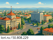 Barnaul city view with public buildings, leafy streets, and distant hills. Стоковое AI-изображение, AI-художник Максим Гребешков / Фотобанк Лори