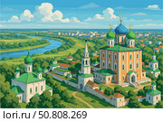 Panoramic view of Ryazan with monastery domes and wide riverbanks. Стоковое AI-изображение, AI-художник Максим Гребешков / Фотобанк Лори