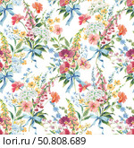Watercolor and Gouache floral pattern with poppy, foxglove, chicory and buttercups seamless vintage bouquet with blue ribbons and colorful wildflowers on white background. Hand-painted romantic design inspired by Renaissance style, perfect for wallpaper, textile prints, wedding decor, and feminine interior projects. Стоковая иллюстрация, иллюстратор Анастасия Лембрик / Фотобанк Лори