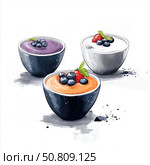 Various fresh smoothies displayed in colorful bowls with vibrant fruits. Стоковое AI-изображение, AI-художник Татьяна  Бральнина / Фотобанк Лори