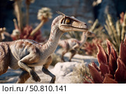A small predatory dinosaur Coelophysis hunts in the natural environment of the Triassic period. Стоковое AI-изображение, AI-художник Алексей Кузнецов / Фотобанк Лори