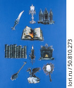 Novosibirsk, Russia - May 30, 2025: Vinyl stickers featuring mystical and enchanting witch-inspired designs in a dark, elegant style. These stickers depict cauldrons, spellbooks, crescent moons, pentagrams, magical symbols, and mysterious figures adorned with robes and hats. Редакционное фото, фотограф Виталий Сова / Фотобанк Лори