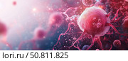 Tumor microenvironment background with cancer cells, T-Cells, nanoparticles, molecules and blood vessels. Стоковое AI-изображение, AI-художник Anastasy Yarmolovich / Фотобанк Лори