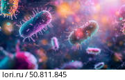 Colorful bacteria are actively engaged with antibodies, Стоковое AI-изображение, AI-художник Anastasy Yarmolovich / Фотобанк Лори