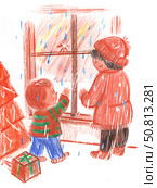 Winter Wonder: Two children marvel at the falling snow, their faces alight with wonder, as they stand beside a festive window with a christmas tree and present near window. Стоковое AI-изображение, AI-художник Лариса Пономарева / Фотобанк Лори