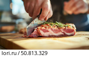 Chef skillfully slices a flavorful piece of meat garnished with fresh herbs in a well-lit kitchen setting during afternoon cooking. Стоковое AI-изображение, AI-художник Сергей Толмачёв / Фотобанк Лори