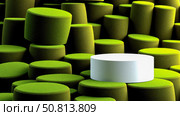 White podium among green cylinders with soft texture, empty pedestal in abstract geometric environment for unique product presentation, concept for standing out. Стоковое фото, фотограф Павел Муравьев / Фотобанк Лори