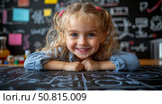 Cute girl, a student, smiles leaning on a math formula board, concept: Education for children. Стоковое AI-изображение, AI-художник Данила Большаков / Фотобанк Лори