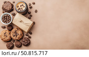 Coffee Break Gift: Indulge in Chocolate Chip Cookies, Brewed Coffee, Coffee Beans and a Stylish Brown Paper Package. Стоковое AI-изображение, AI-художник Данила Большаков / Фотобанк Лори