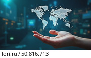 Woman hand holding global network connection. Internet communication, Wireless connection technology. Futuristic technology of cloud storage. cloud computing. Стоковое AI-видео, аниматор Sergey Grishin / Фотобанк Лори