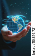 Next generation technology. Global networking connection, science, innovation and communication technology. Metaverse Technology. Hand holding earth globe with data exchanges on cloud storage system. Стоковое AI-видео, аниматор Sergey Grishin / Фотобанк Лори