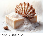 Красивая иллюстрация мыла ручной работы с ракушками. Стоковое AI-изображение, AI-художник Наталья Чернова / Фотобанк Лори