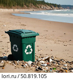 A green recycling bin stands prominently on a beach littered with debris, highlighting the importance of proper waste disposal near the ocean under a bright sky Generative AI. Стоковое AI-изображение, AI-художник Юлия Петровская / Фотобанк Лори