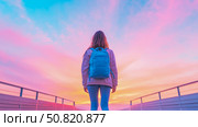Journey into the Pastel Sunset: A solitary figure with backpack gazes into sky awash with hues of pink, orange, and blue. Стоковое AI-изображение, AI-художник Данила Большаков / Фотобанк Лори