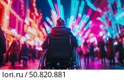 Accessibility at Holiday Time: Celebrating Festivity with a Woman in Wheelchair enjoying Bright Colorful Light during Christmas Celebration. Стоковое AI-изображение, AI-художник Данила Большаков / Фотобанк Лори
