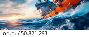 Ocean vessel at sea: Offshore support vessel ploughing through turbulent waters at sunrise, a symbol of strength and resilience, ideal for maritime themes. Стоковое AI-изображение, AI-художник Данила Большаков / Фотобанк Лори
