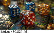 Dice game: a close-up showcasing the playful suspense of a boardgame. Стоковое AI-изображение, AI-художник Данила Большаков / Фотобанк Лори