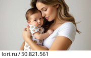 Young mother holding her newborn son in her arms. A child looks into a camera. Isolated, portrait on white background. Стоковое AI-изображение, AI-художник Ирина Гильмуллина / Фотобанк Лори