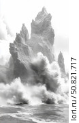 Monochrome Majesty: A Towering Rock Formation Overwhelmed by Tempestuous Waters, Embracing Nature's Raw Power. Стоковое AI-изображение, AI-художник Данила Большаков / Фотобанк Лори
