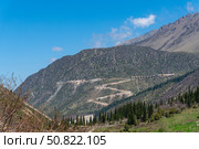 Ala-Archa Park, Mountain base camp nestled on steep hillside, zigzag trail ascending, dense pine forest below, rocky terrain, clear sky, adventure destination, trekking, hiking, alpinism, exploration. Стоковое фото, фотограф Андрей Ка / Фотобанк Лори