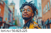 Portrait of a Man with dreads and Yellow Framed Glasses in a city. Стоковое AI-видео, аниматор Данила Большаков / Фотобанк Лори