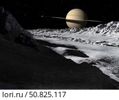 Saturn's moon, Tethys, is split by an enormous valley called Ithaca Chasma. Стоковое фото, фотограф Ron Miller/Stocktrek Images / ТАСС / Фотобанк Лори
