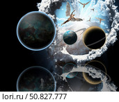 Exoplanets and Earth with artificial planetary ring. Angels fly in the sky. Стоковое фото, фотограф Bruce Rolff/Stocktrek Images / ТАСС / Фотобанк Лори