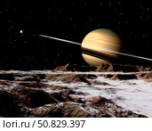 Saturn seen from the surface of its moon, Rhea. Стоковое фото, фотограф Ron Miller/Stocktrek Images / ТАСС / Фотобанк Лори