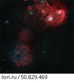 Widefield view of of Simeis 147, the Flaming Star Nebula, and the Tadpole Nebula. Стоковое фото, фотограф Rolf Geissinger/Stocktrek Images / ТАСС / Фотобанк Лори