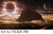The dwarf star of an exoplanet is almost totally eclipsed by one of its three moons. Стоковое фото, фотограф Steven Hobbs/Stocktrek Images / ТАСС / Фотобанк Лори