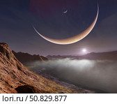 A gas giant of an alien solar system hangs in the sky of one of its moons.åÊ Steven Hobbs/Stocktrek Images. Стоковое фото, агентство ТАСС / Фотобанк Лори
