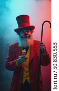 Fabulous circus man in a hat and a red suit posing in the smoke on a colored dark background. A clown at a party, man gentleman from a fairy tale. Wizard with a cane and ice cream. Стоковое AI-видео, аниматор Sergey Grishin / Фотобанк Лори