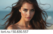 Beauty portrait of a brunette woman with flying hair in the wind. Professional makeup, perfect face of a sexy woman. Стоковое AI-видео, аниматор Sergey Grishin / Фотобанк Лори