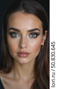 Classic Smokey makeup on woman face, beautiful big eyes. Fashion Perfect makeup, expressive eyes on girl face, smooth black eyebrows, licked brunette hair. Portrait of a woman, skincare concept. Стоковое AI-видео, аниматор Sergey Grishin / Фотобанк Лори