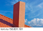 Дом с красной черепицей с дымовой трубой. House from a red brick with a pipe on background sky. Стоковое фото, фотограф Татьяна Д / Фотобанк Лори