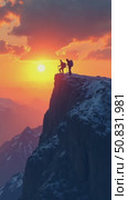 Amazing and inspiring romantic sunset over high mountains. Two people hike and camp, walk on crest edge of mountain peak, reaching goal or finish line. Motivational moment for achi. Стоковое AI-видео, аниматор Sergey Grishin / Фотобанк Лори