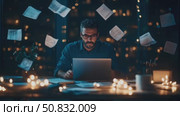 Late Night Hustle: Man at Laptop Surrounded by Flying Papers. Стоковое AI-видео, аниматор Данила Большаков / Фотобанк Лори