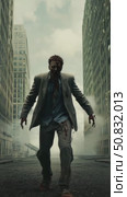 Undead Stroll: A Corpse Walks Amidst Ruined Cityscape. Стоковое AI-видео, аниматор Данила Большаков / Фотобанк Лори